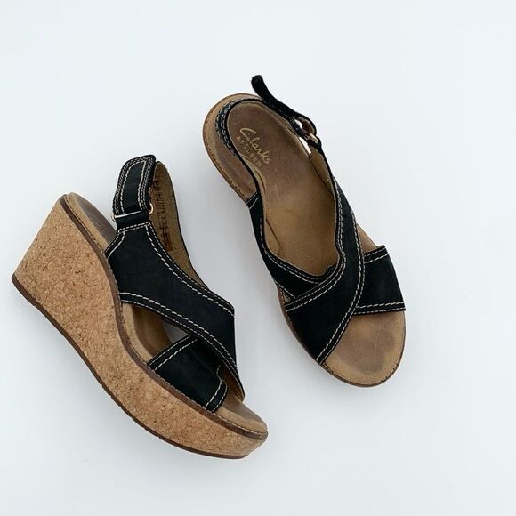 Clarks black strappy open toe cork wrapped wedge heels women’s size 7 - Picture 1 of 9